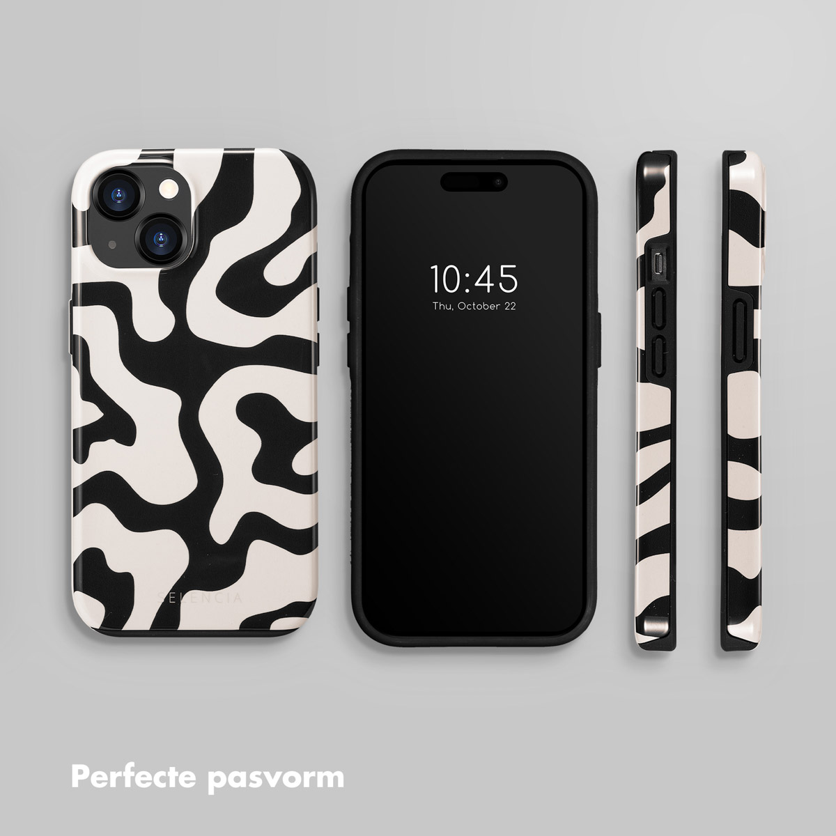 Un téléphone et des étuis avec un motif organique noir et blanc. Un téléphone affiche l'heure. Les étuis sont à gauche et à droite.