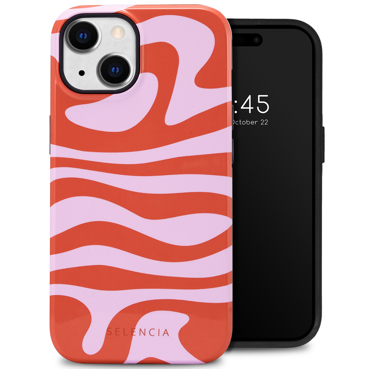 Telefoonhoesje met rood en roze golfdesign, met telefoon op zwarte achtergrond.