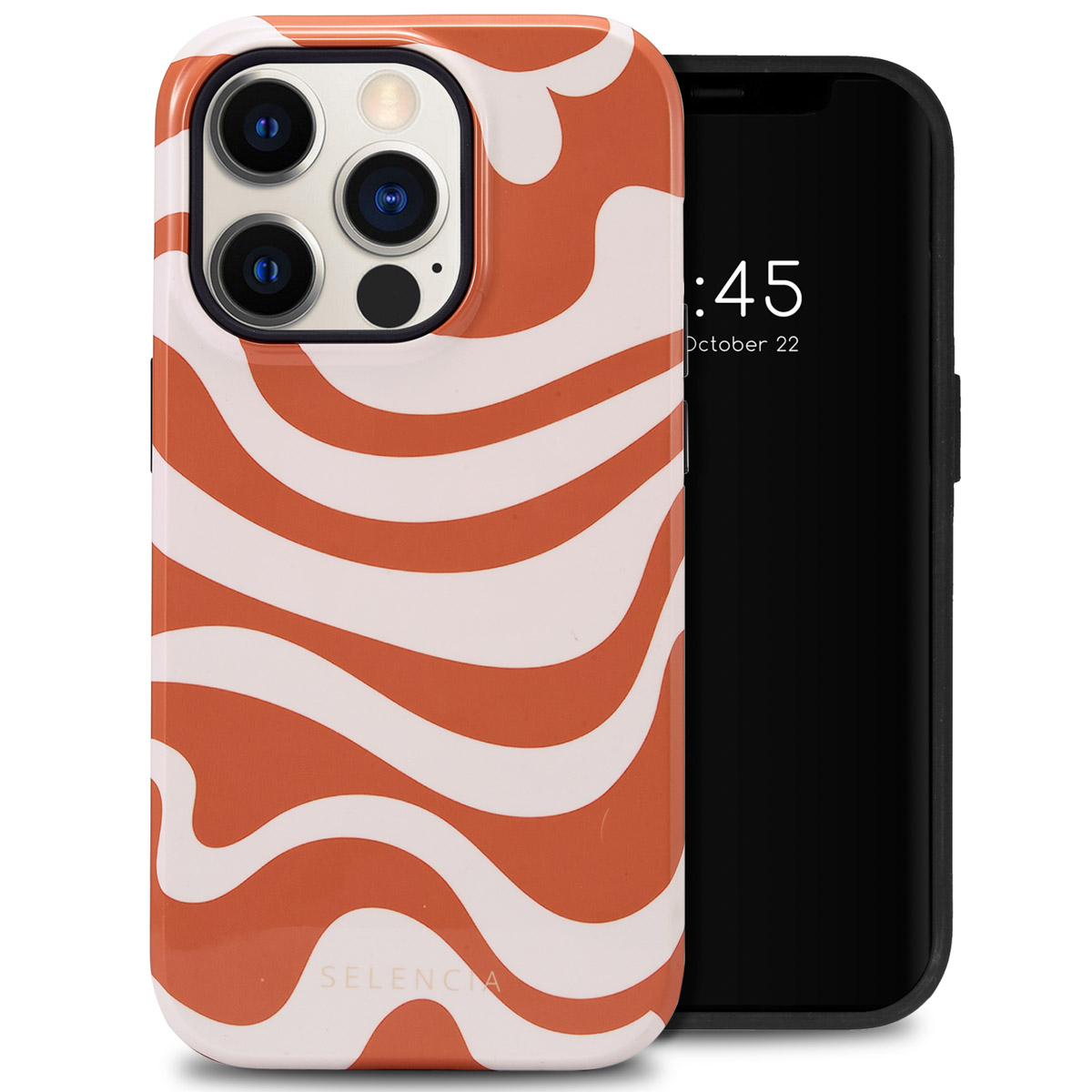 Téléphone dans une coque avec des lignes ondulées orange et blanches. Le texte 'Selencia' est en bas de la coque.