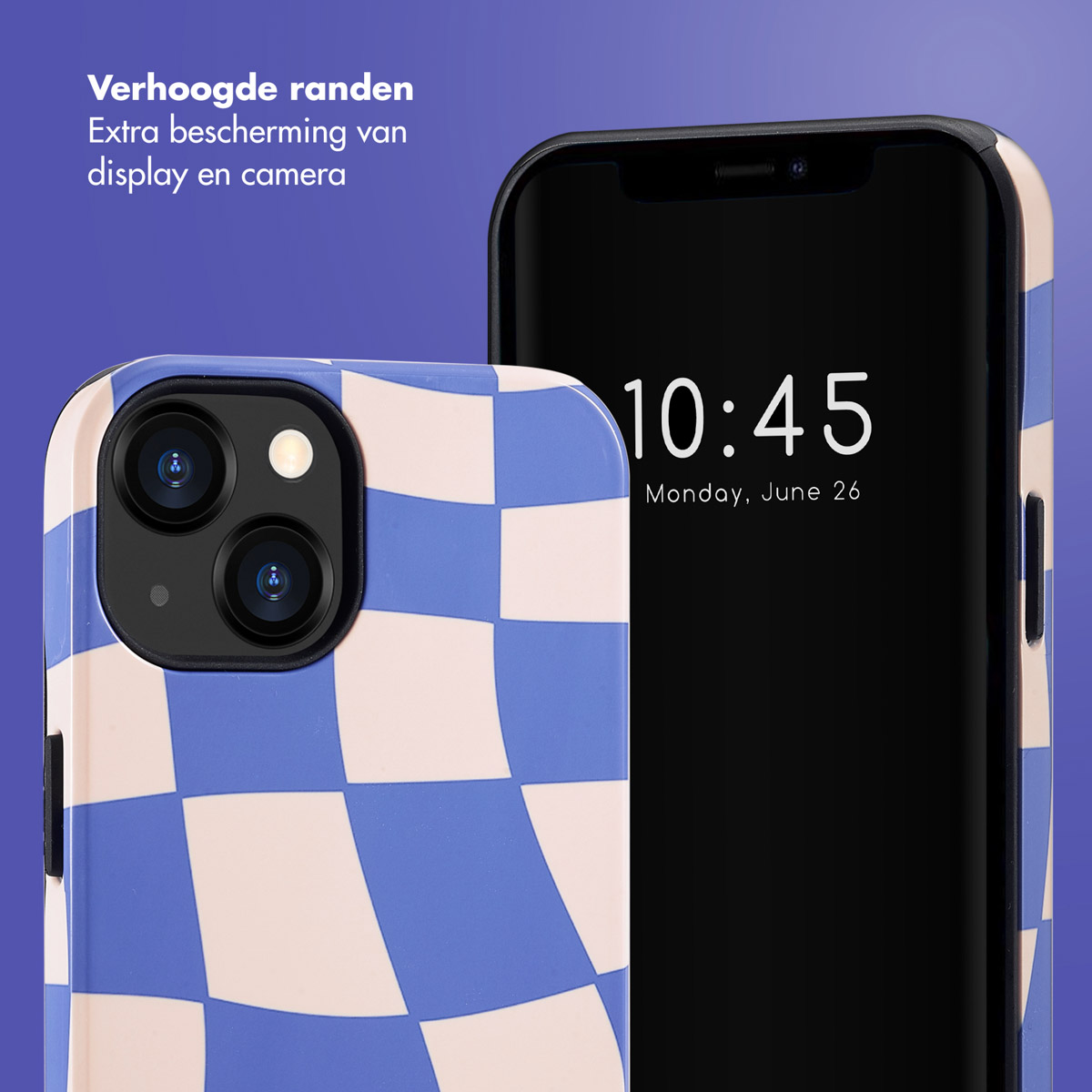 Eine Handyhülle mit blau-weißem Karomuster neben einem schwarzen Telefon. Die Uhrzeit wird angezeigt.