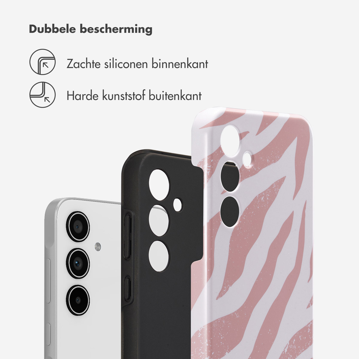 Coque de téléphone à motif zébré rose. La coque est à côté d'un téléphone noir.