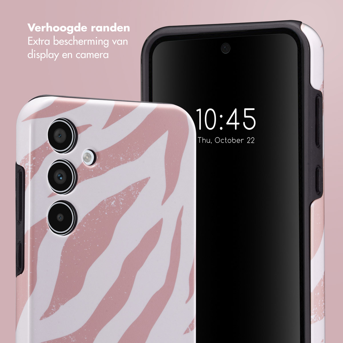 Téléphone avec coque, motif zèbre rose et blanc, sur fond rose.