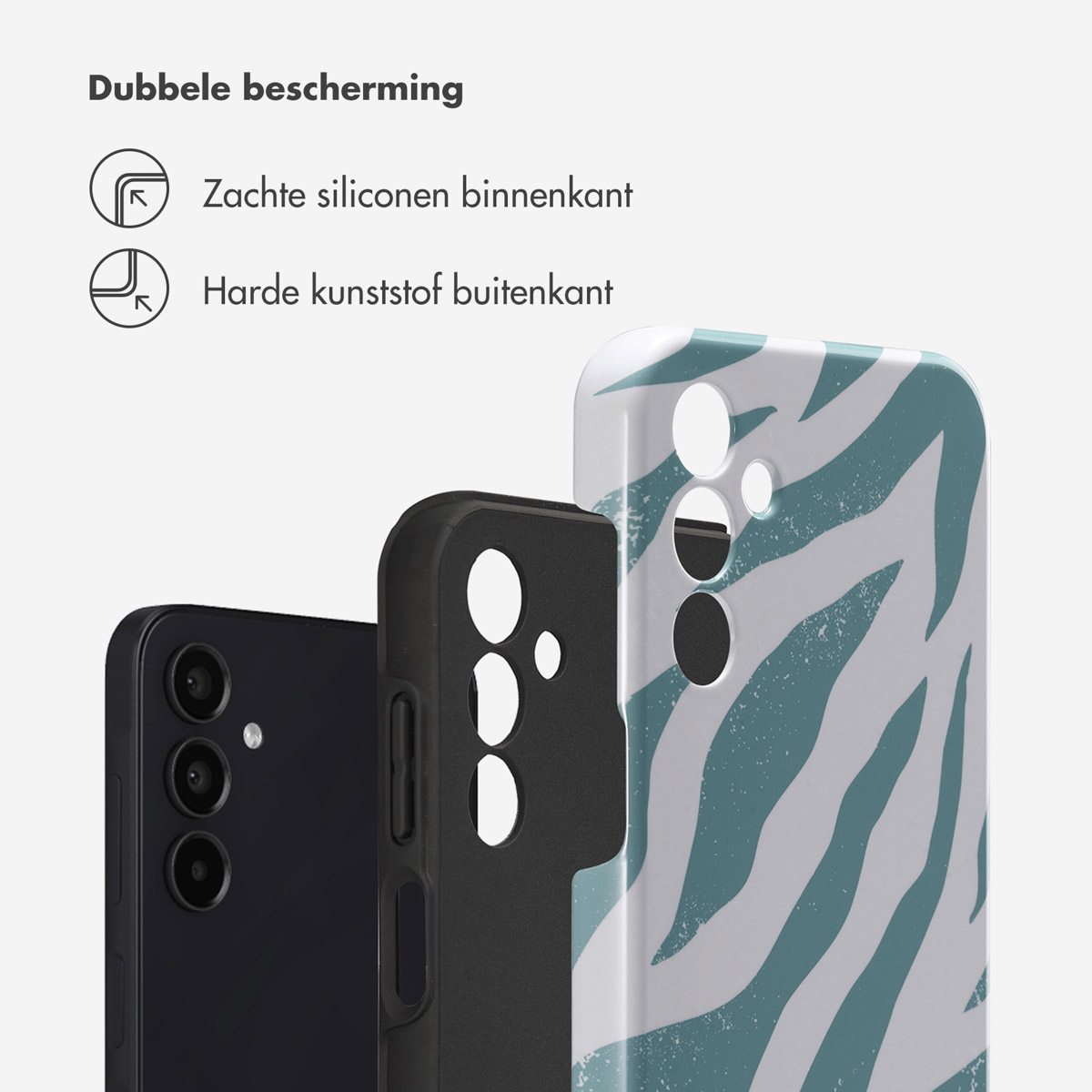 Telefoonhoesje met zebraprint en een zwarte telefoon. Tekst: Zachte siliconen binnenkant, hard plastic buitenkant.