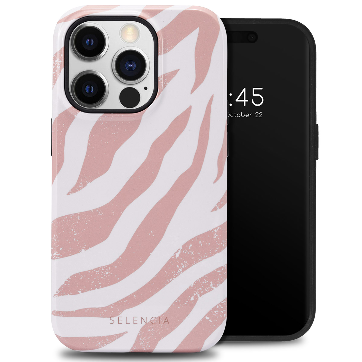 Téléphone et coque avec des rayures zébrées roses. La coque est à gauche. Le téléphone est à droite.