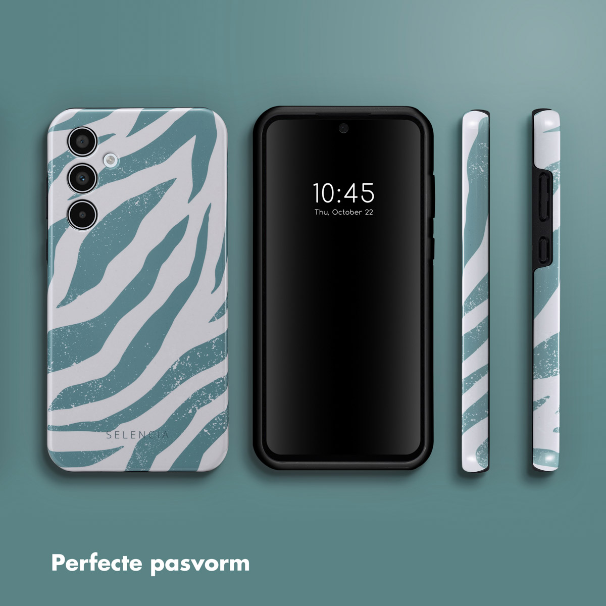 Téléphone avec étui, trois vues, motif turquoise et blanc.