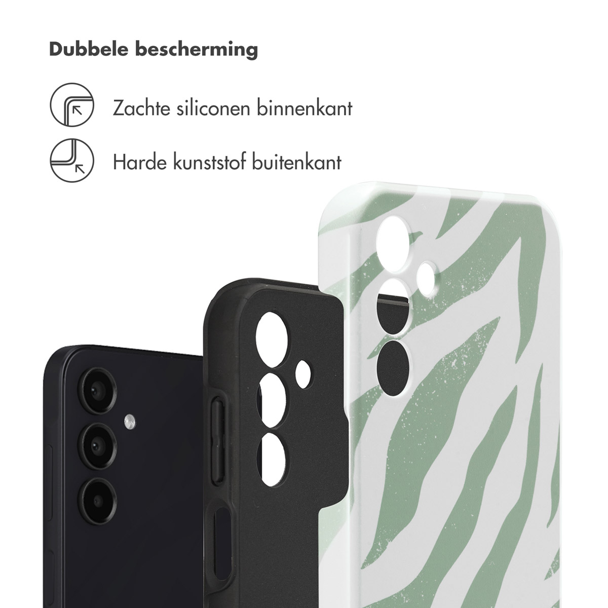 Drie telefoonhoesjes: één zwarte, één zwarte met uitsparingen, één met groen-wit zebrapatroon.