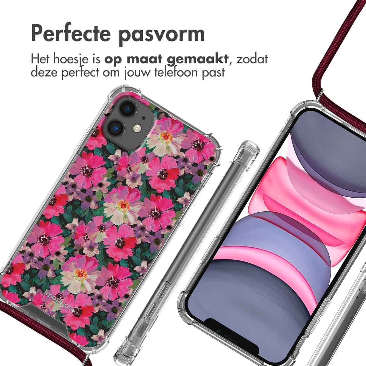 Deux téléphones avec étuis, un floral rose, l'autre transparent. Texte : Ajustement parfait.