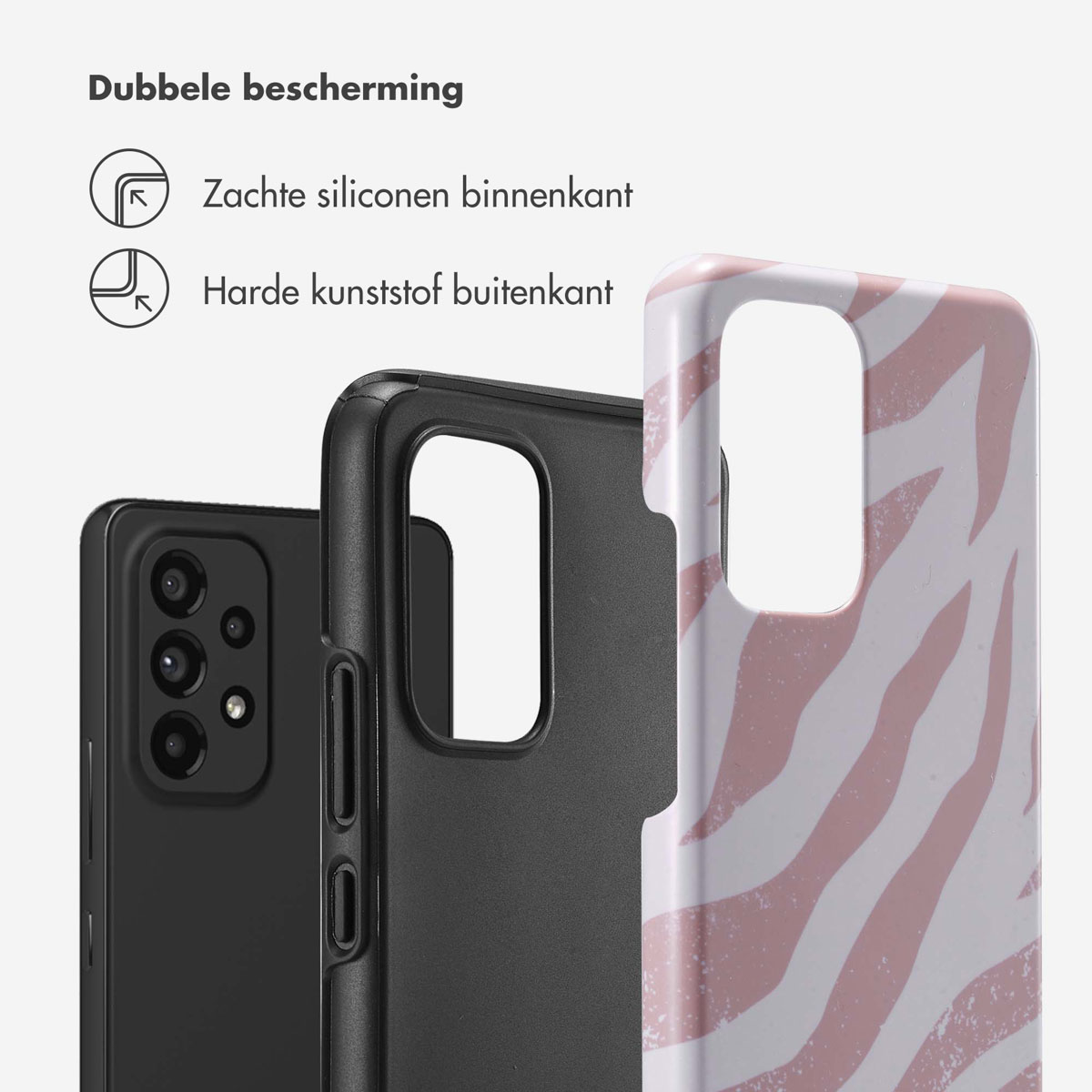 Coque de téléphone avec motif zébré. Téléphone noir et parties de coque montrées.