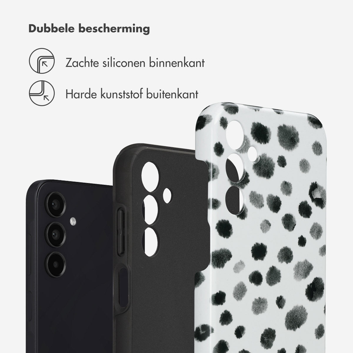 Drie telefoonhoesjes, een telefoon en tekst, op een witte achtergrond. De telefoonhoesjes zijn zwart en wit.