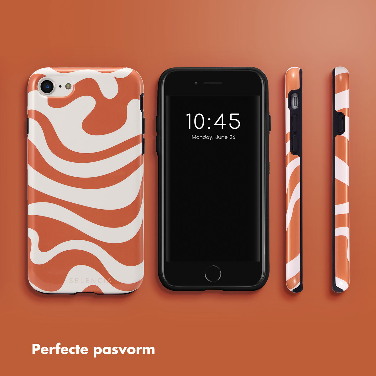 Telefoonhoesje met oranje en wit golfdesign, met telefoon op oranje achtergrond.