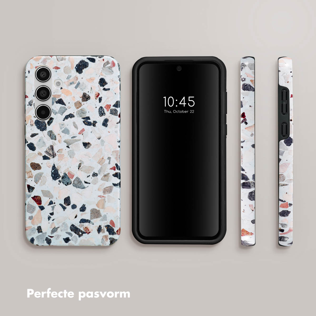 Telefoonhoesje met een terrazzopatroon, met een telefoon.