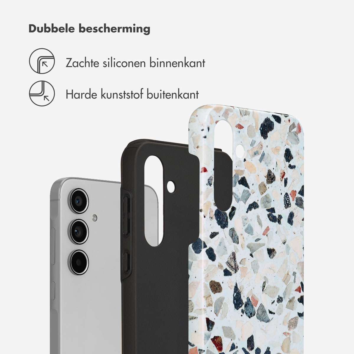 Telefoon met een gespikkelde hoes en beschermlagen.