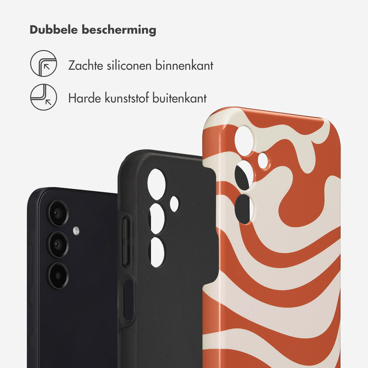 Telefoonhoesjes: zwart, oranje patroon en zwarte telefoon. Tekst luidt 'Dubbele bescherming'.