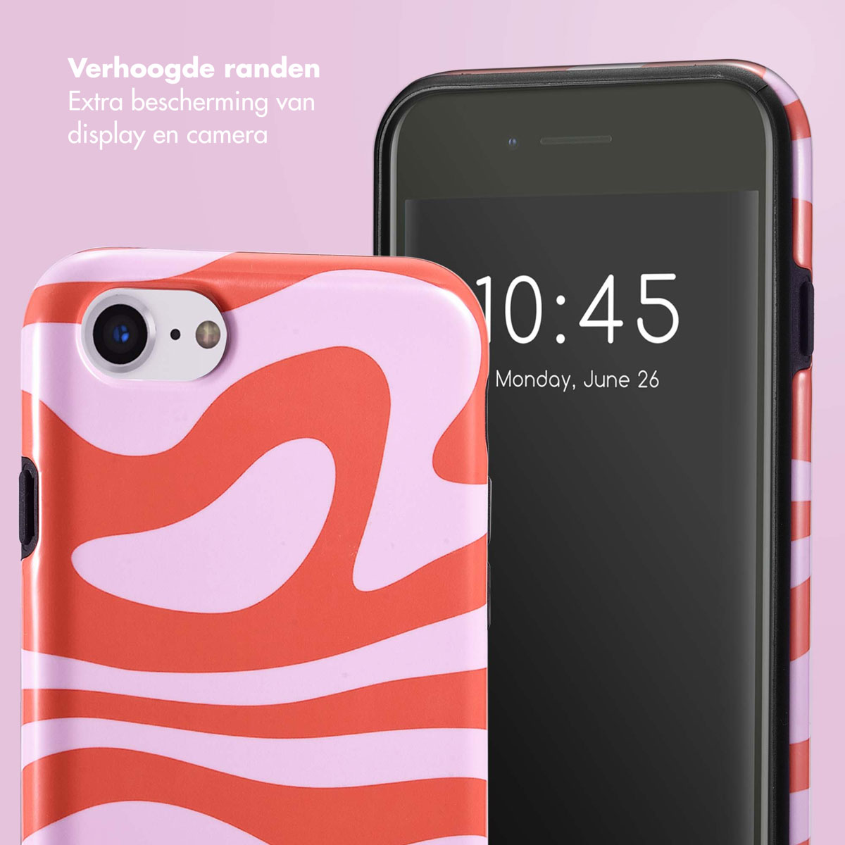 Un telefono con un sorprendente motivo ondulato rosa e corallo sulla sua custodia.