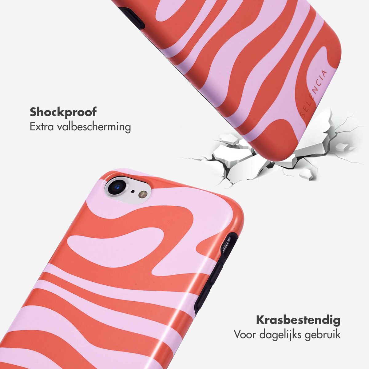 Cover per telefono a fantasia ondulata rossa e rosa che sfonda terreno bianco.