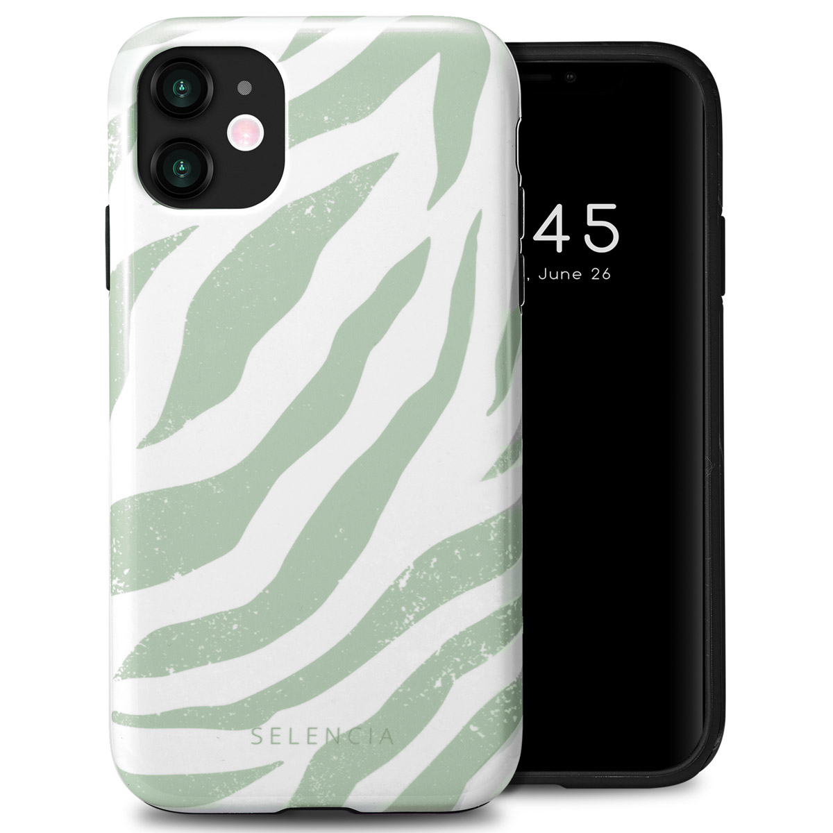 Coque de téléphone blanche à rayures zébrées vertes, et un téléphone avec écran noir.