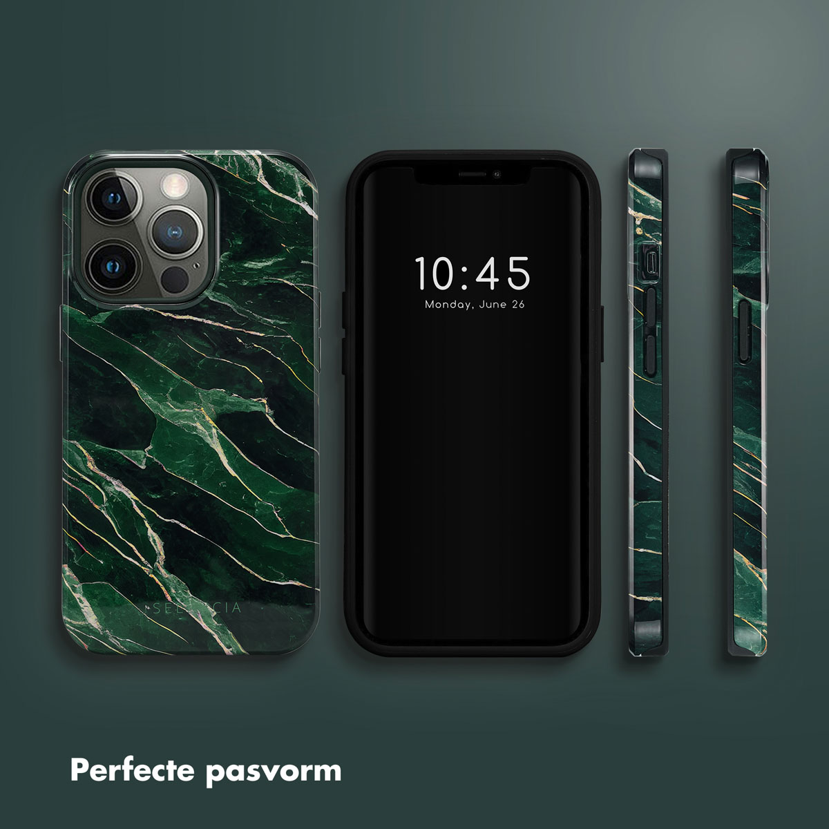 Un iPhone avec une coque en marbre vert et un écran noir.