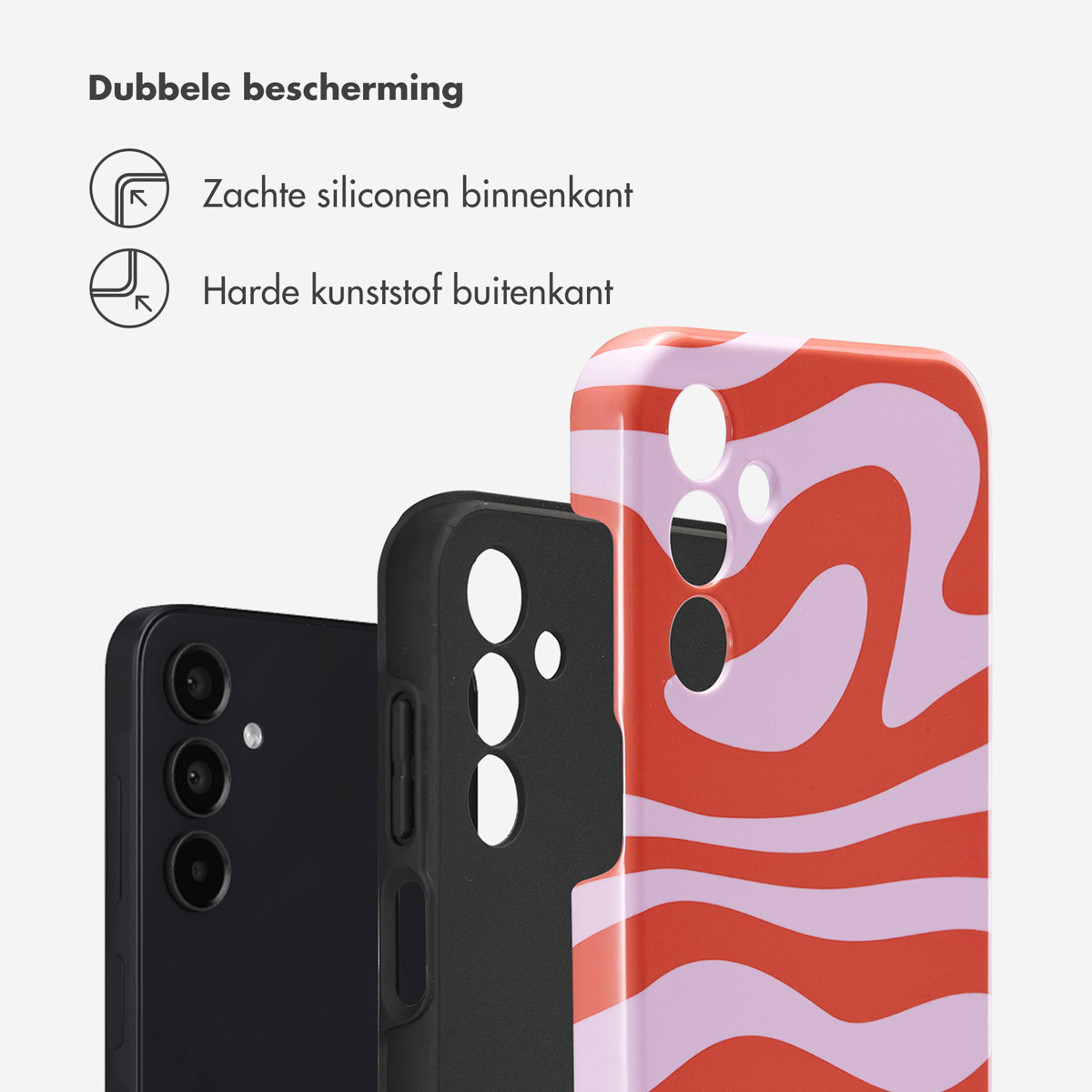Telefoonhoesje met rood en roze golfdesign, met telefoon op witte achtergrond.