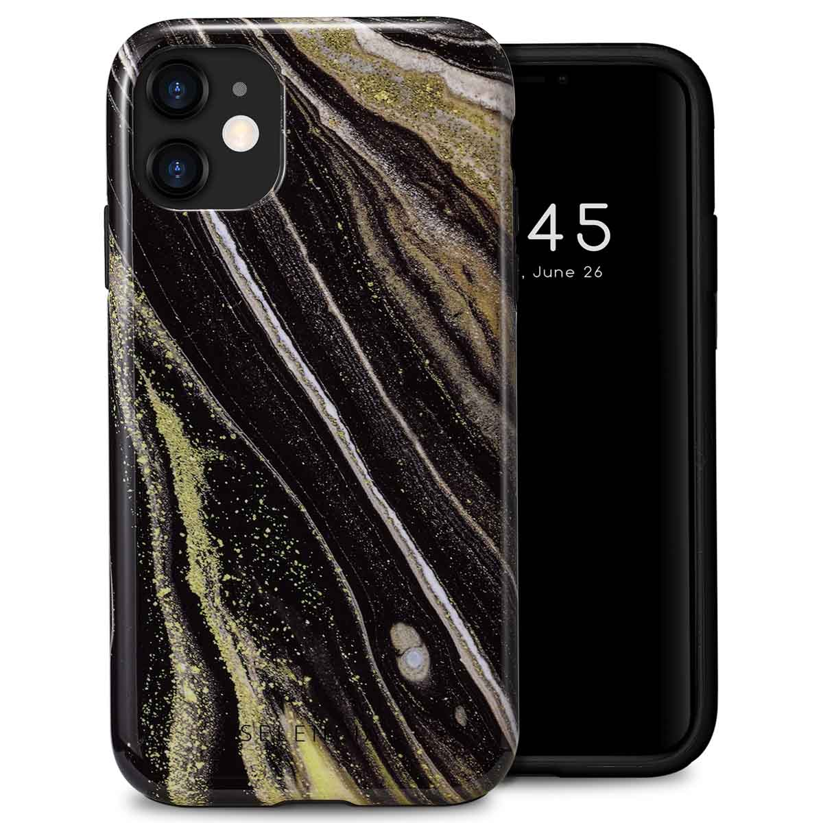 Telefoon met zwarte, gouden en witte hoes. Een tweede telefoon met zwart scherm is zichtbaar.
