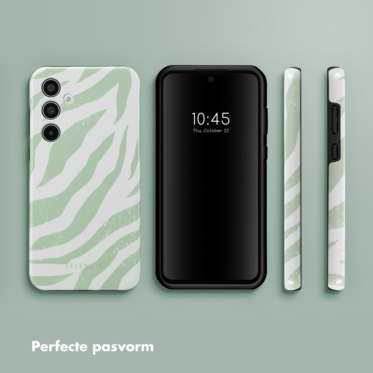 Téléphone avec coque à imprimé zébré vert et blanc. Téléphone à côté, et deux côtés de coque.