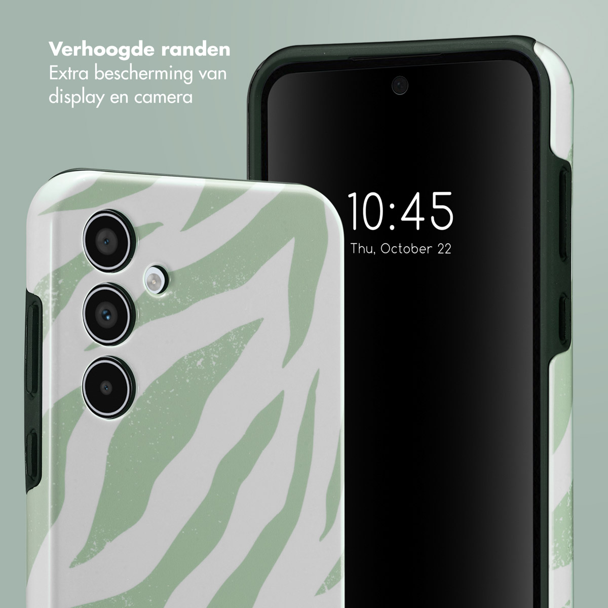 Téléphone avec coque, motif zèbre vert et blanc, sur fond vert clair.