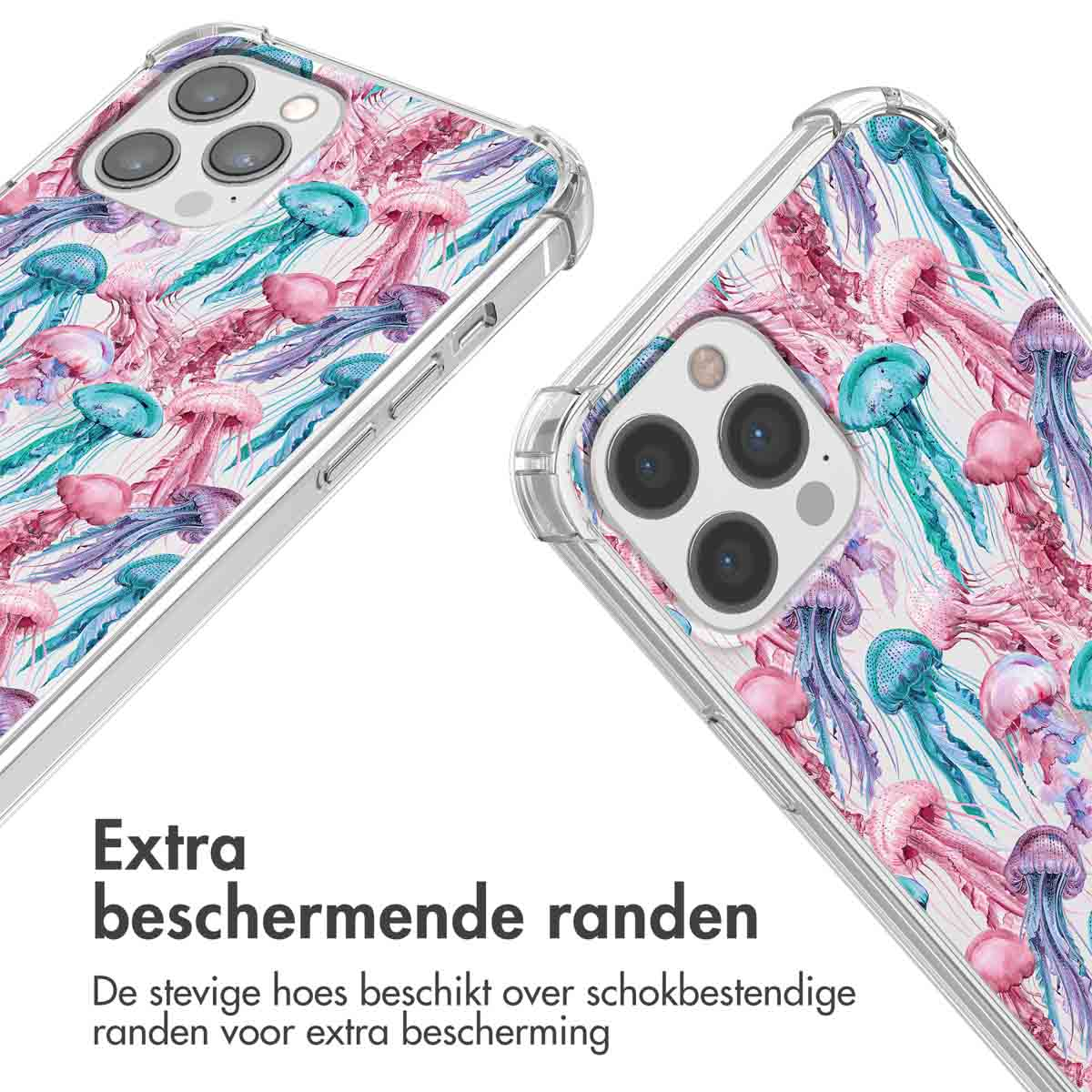 Gros plan sur des coques de téléphone. La coque montre un motif de méduses et est sur fond blanc.