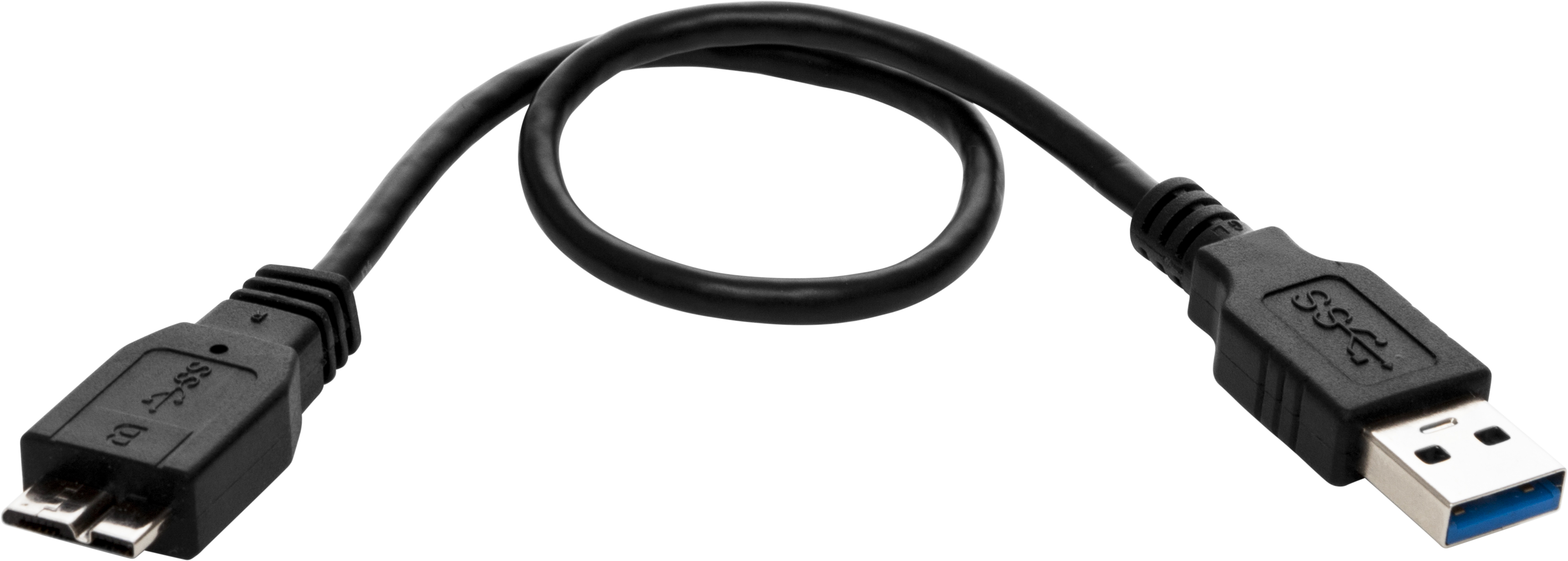 Czarny kabel USB ze złączem USB 3.0 i micro USB. Kabel jest zakrzywiony.