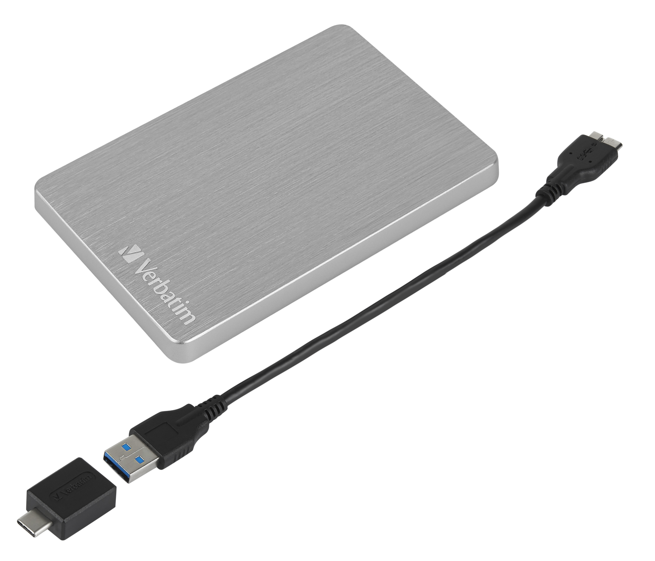 Srebrny zewnętrzny dysk twardy Verbatim z kablem USB i adapterem USB-C.