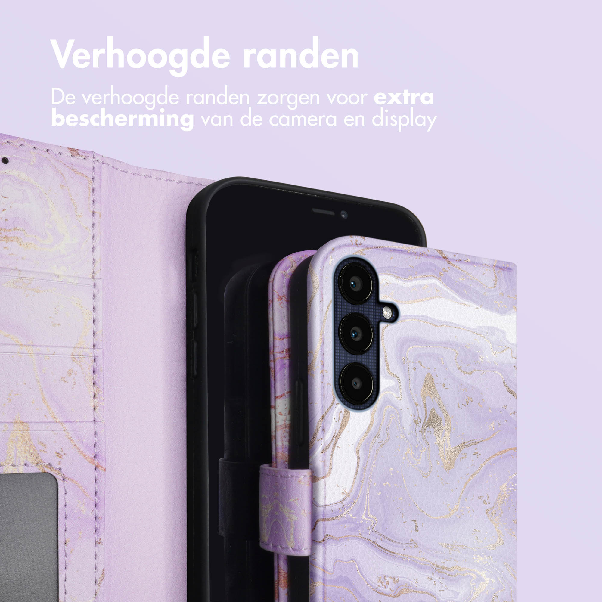 Telefoon met marmeren hoesje, open. Paars en goud, met kaartsleuf links.