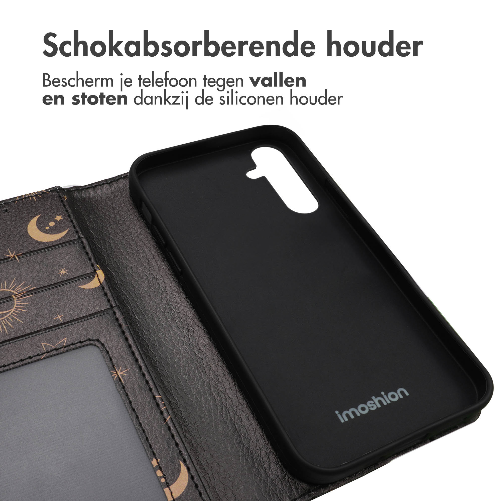 Telefoonhoesje open, met een zwarte telefoon in een zwarte binnenhoes. Zon- en maanontwerp.