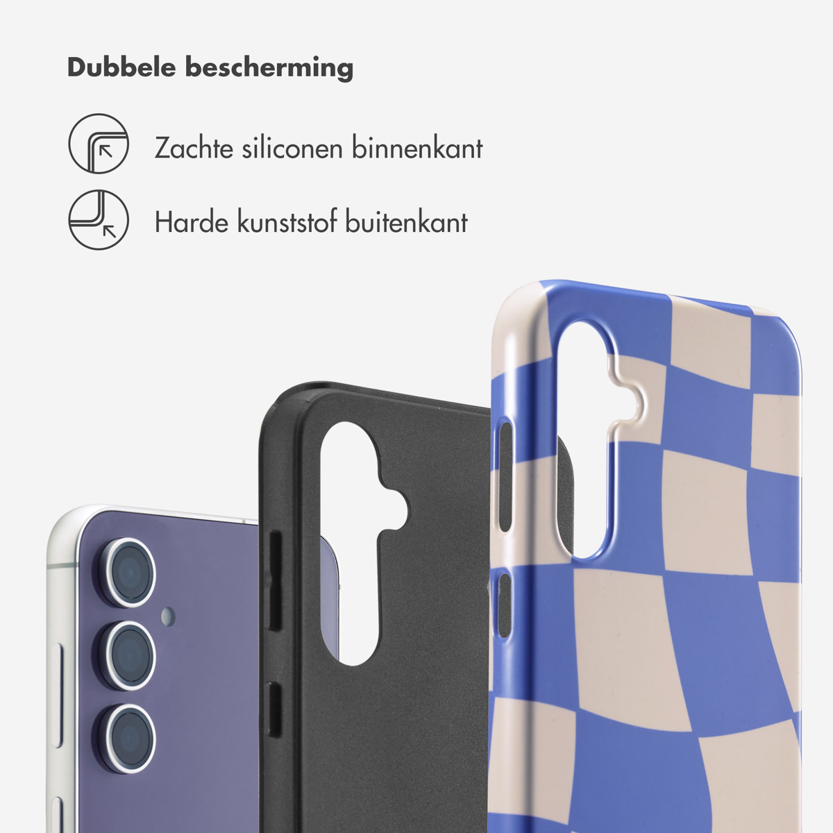 Coque de téléphone avec un motif damier. Un téléphone et un téléphone violet sont présentés.