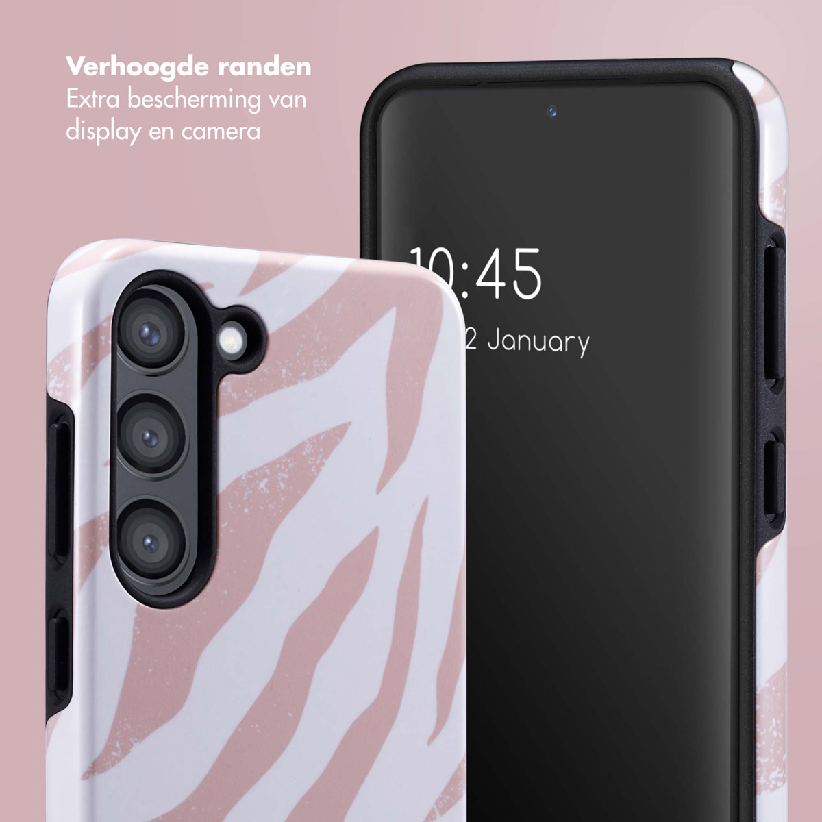 Coque de téléphone avec un motif zébré blanc et rose, avec un téléphone sur fond rose.