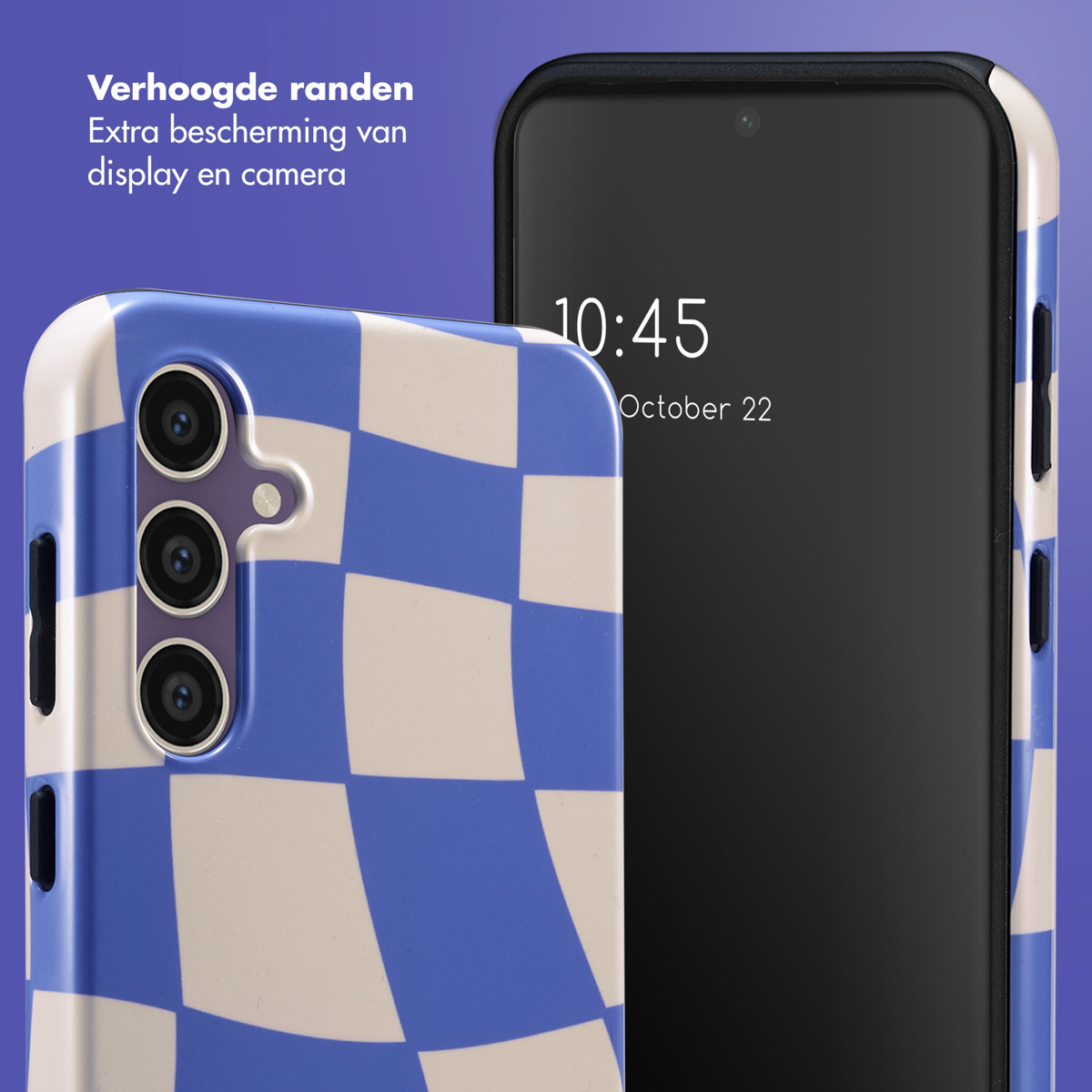 Coque à carreaux bleus, téléphone et texte: 'Protection améliorée'.