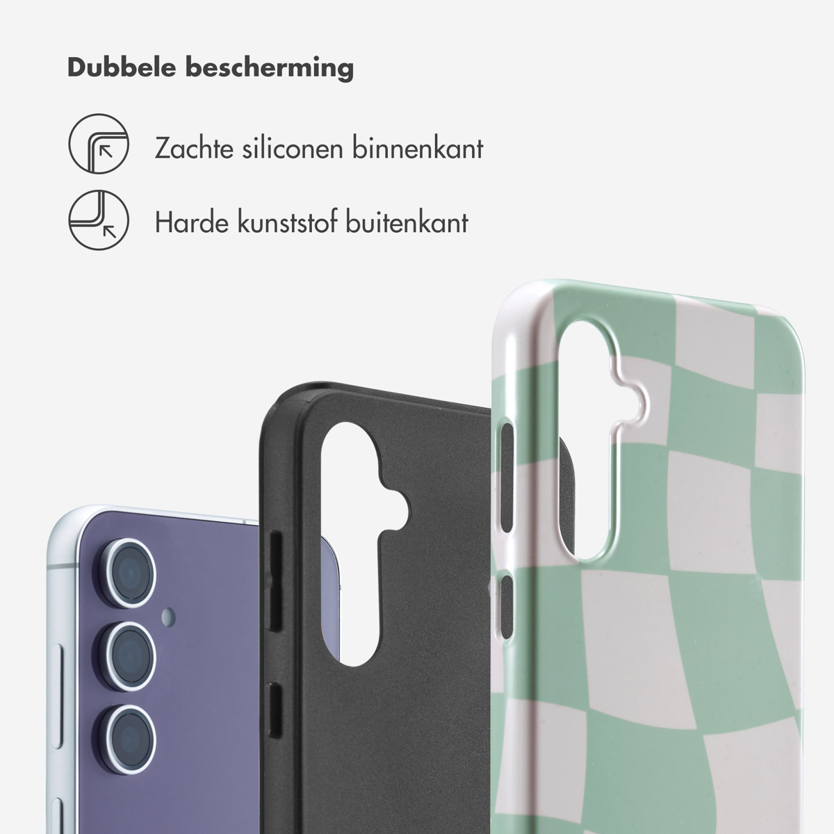 Close-up van telefoonhoesjes. Eén lavendel, één zwart en één met een groen geruit design.