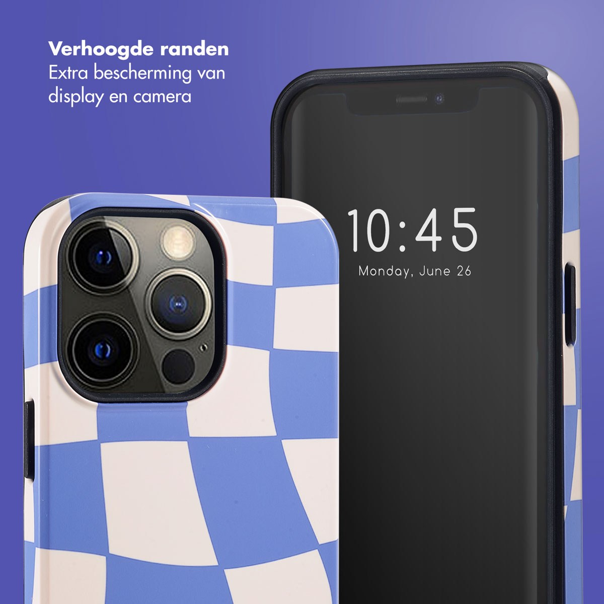 Telefoon met blauw-witte geruite hoes naast een telefoon met zwart scherm.
