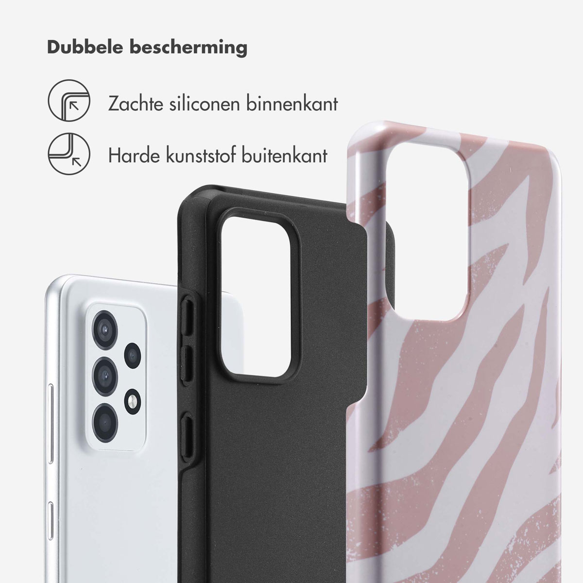 Telefoonhoesje met een zebrapatroon. Telefoon en hoesje worden getoond. Zwart-witte achtergrond.