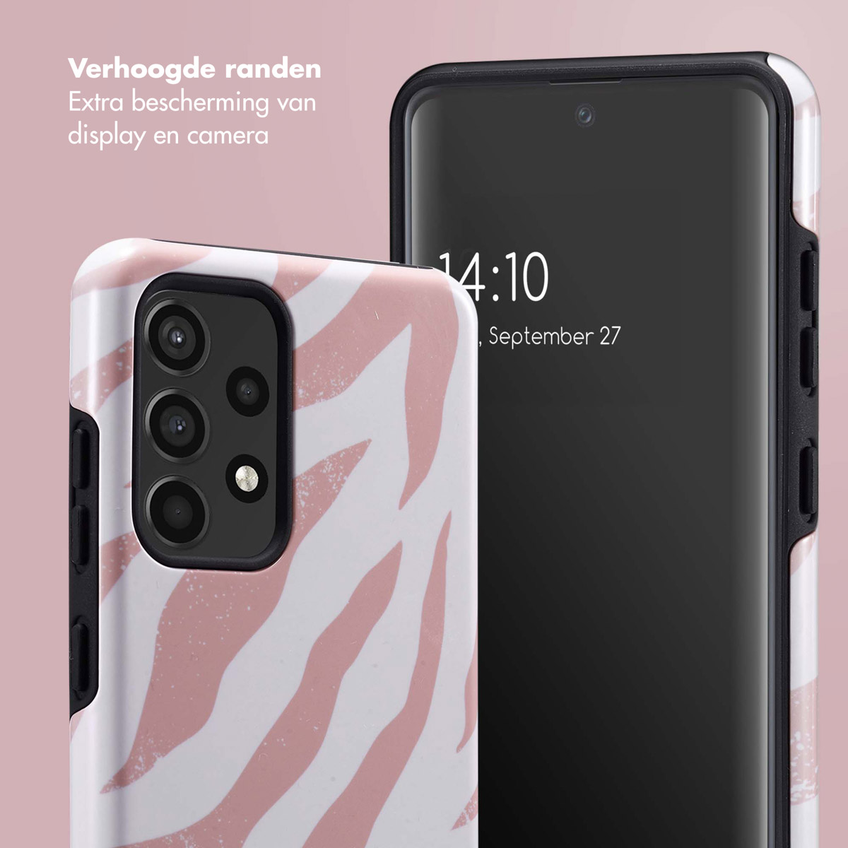 Telefoon met roze-witte zebraprint hoes naast een telefoon met zwart scherm.