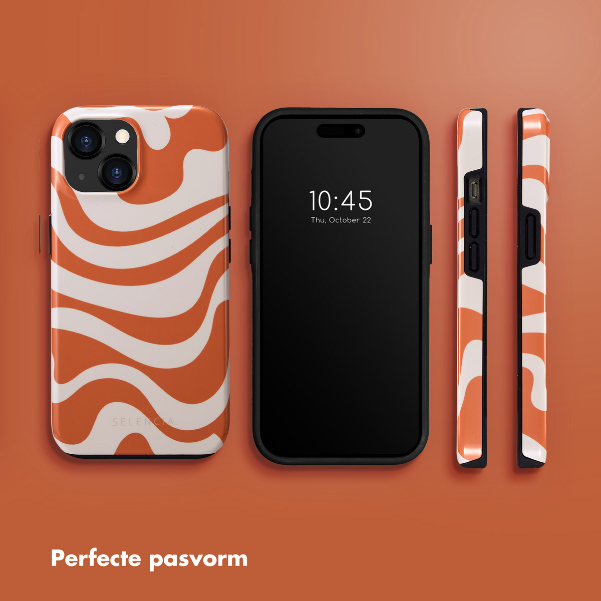 Téléphone avec coque orange et blanche ondulée. Téléphone avec parties de coque montrées.