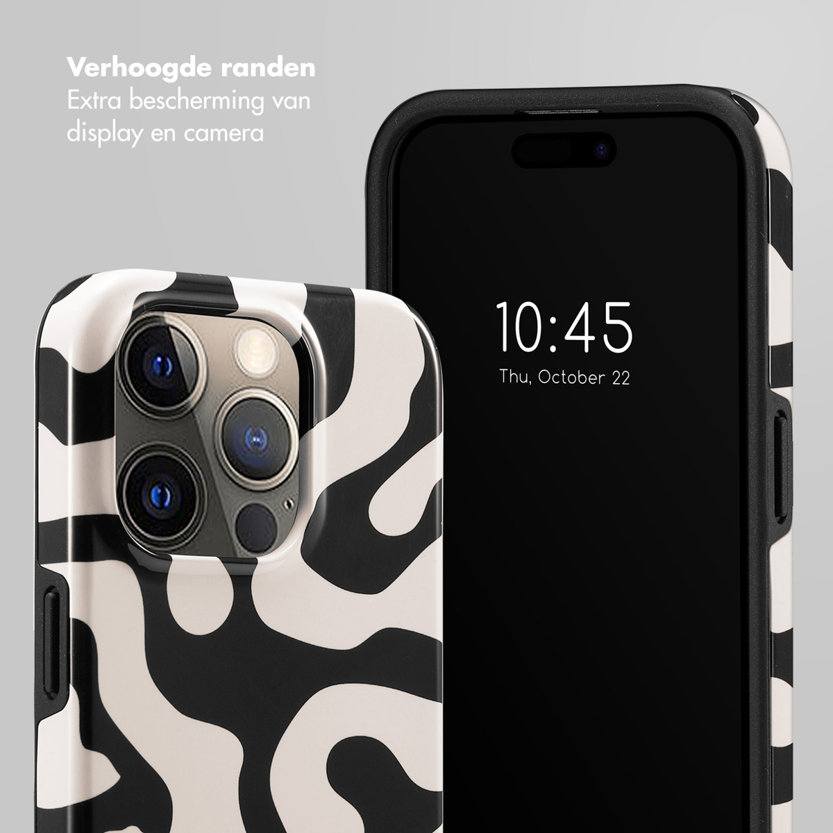 Téléphone avec étui à tourbillon noir et blanc, heure 10h45, date 22 octobre. Le fond est gris clair.