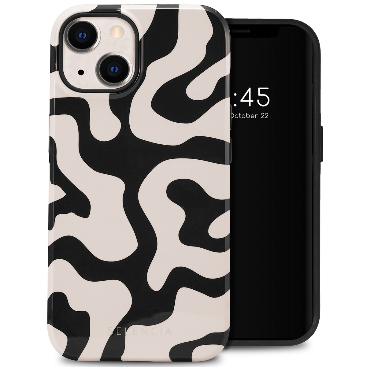 Téléphone et coque avec un motif tourbillonnant noir et crème. Le téléphone est sur fond blanc.