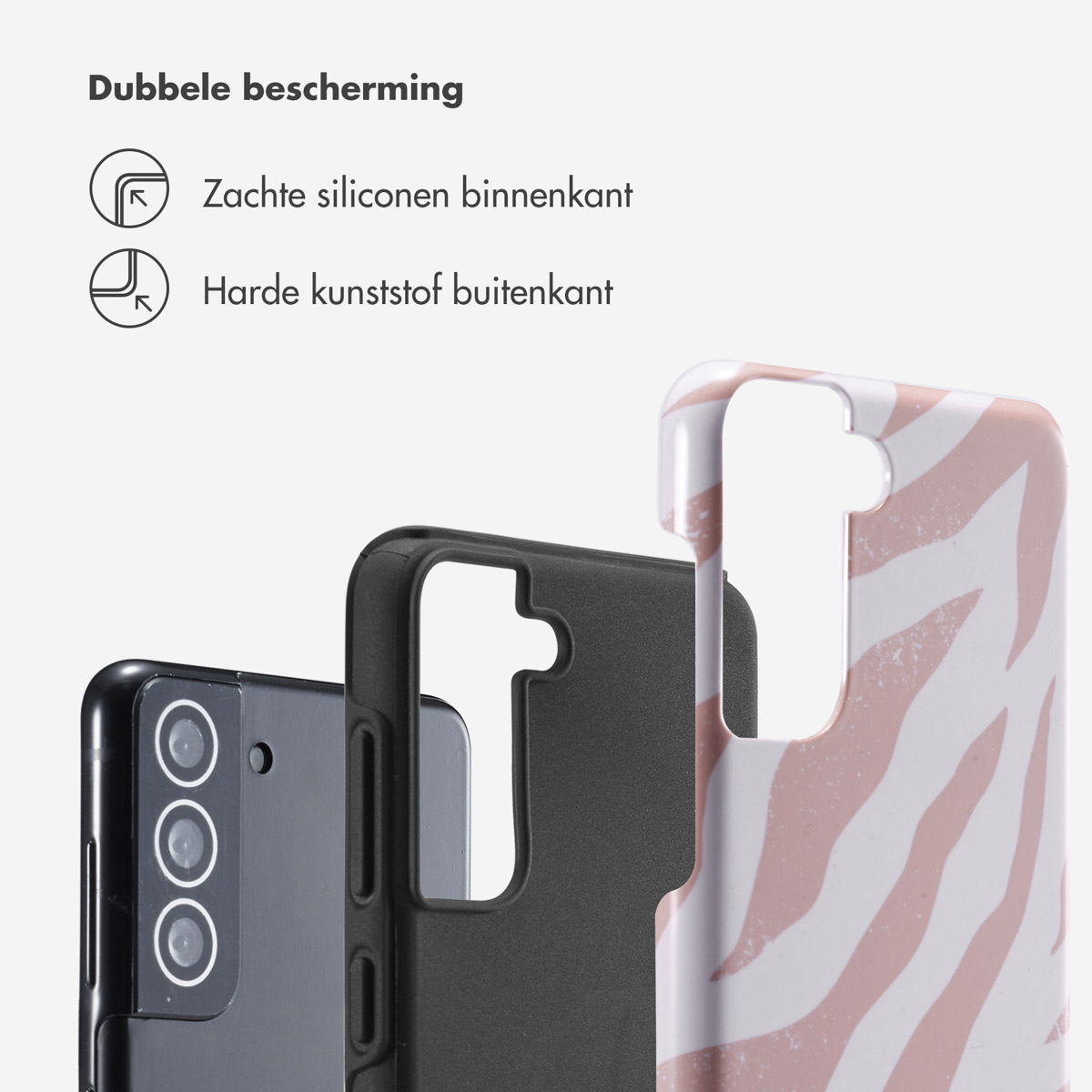 Coque de téléphone avec motif zébré blanc et rose, avec téléphone sur fond blanc.