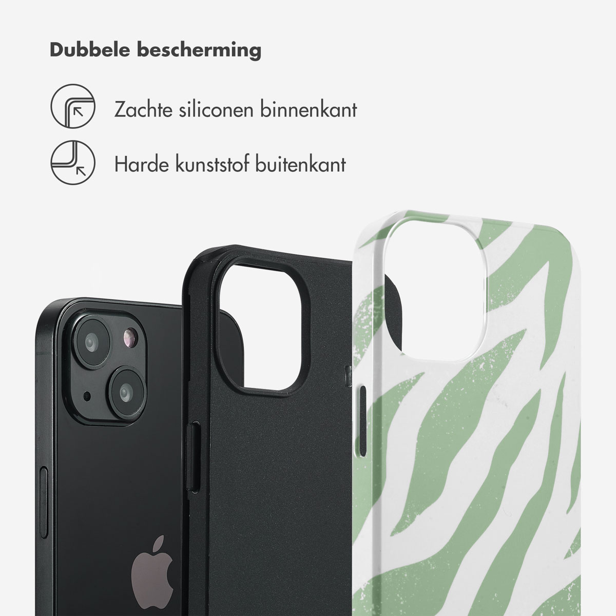 Coques de téléphone en noir, imprimé zébré vert et noir. Texte : Double protection.