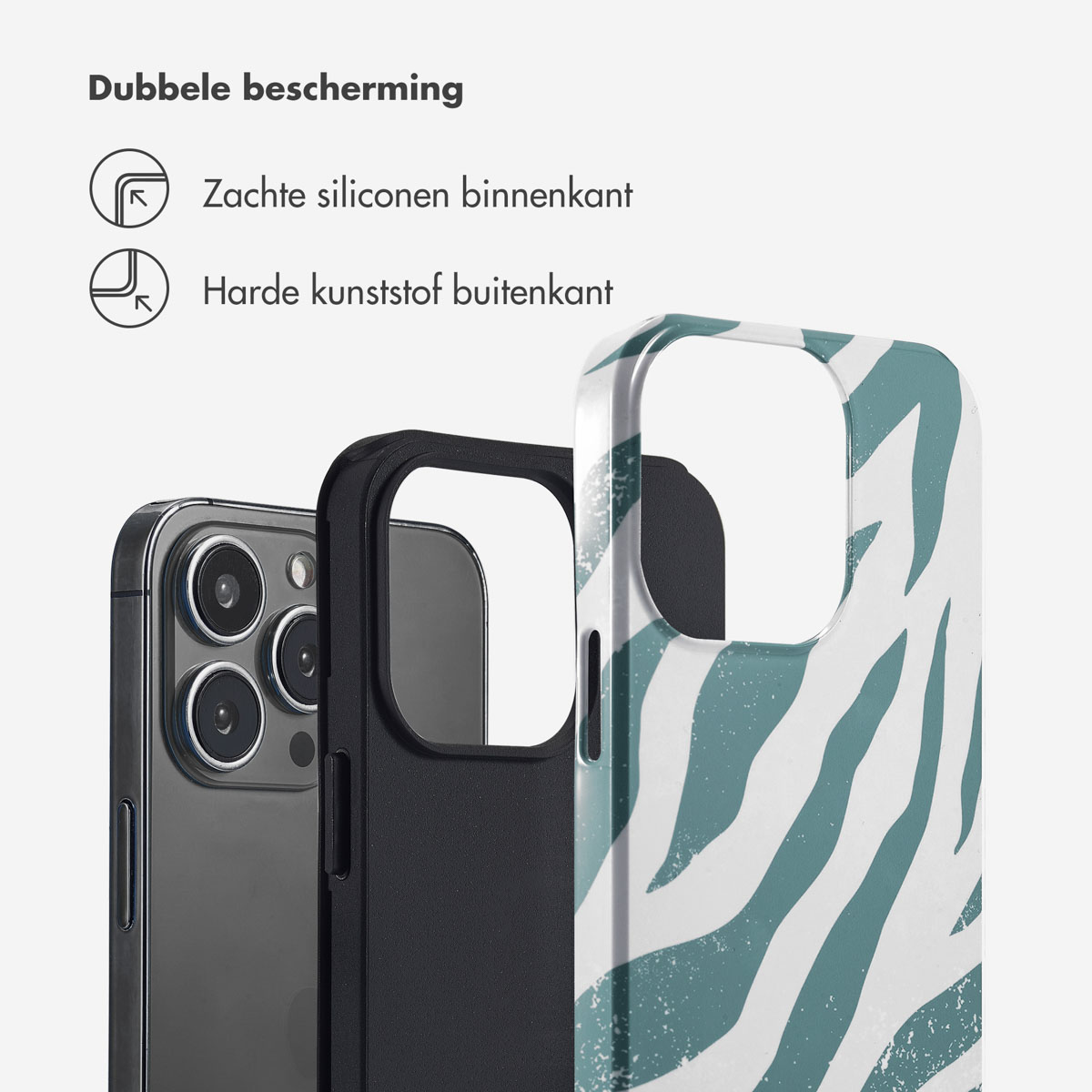 Telefoonhoesje met dubbele bescherming. Een zwarte telefoonhoes en een transparante hoes met zebra strepen.