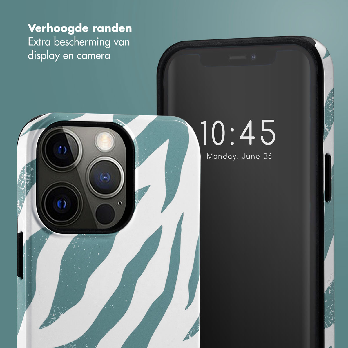 Telefoonhoesje met zebrapatroon. De hoes is wit en blauwgroen. Telefoon rechts.