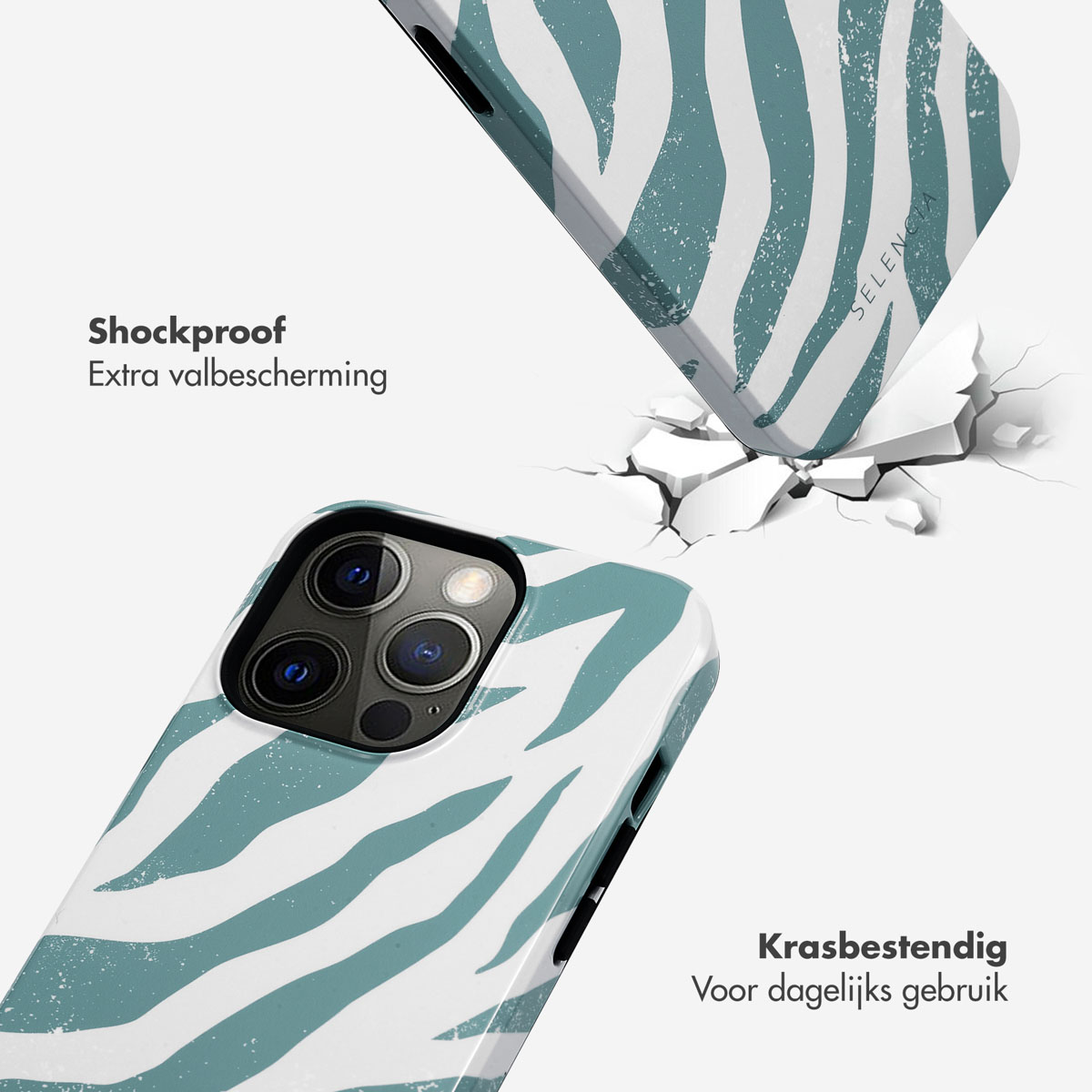Telefoonhoesje met een zebrapatroon. Telefoonhoesje valt en breekt de grond. Witte achtergrond.