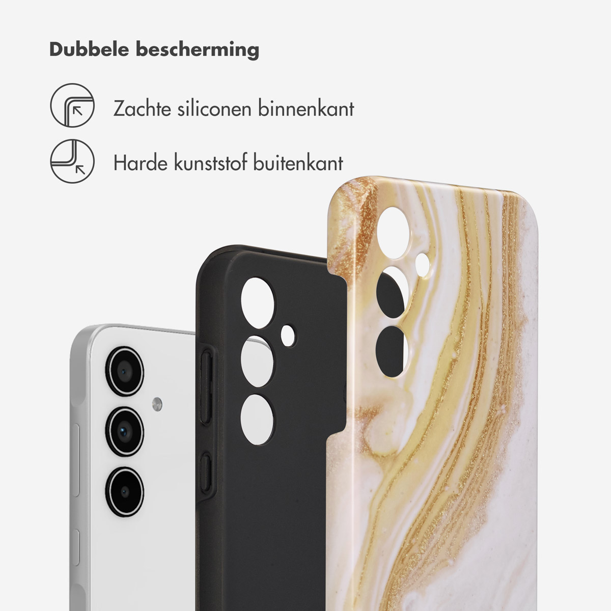 Trois éléments de téléphone. Un téléphone, une coque noire et une autre avec motif marbre doré, texte: double protection.