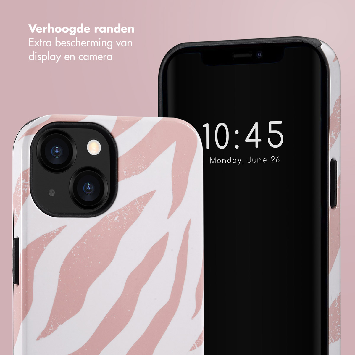 Téléphone avec un étui blanc à rayures zébrées roses. L'écran affiche l'heure. L'étui a des bords surélevés.