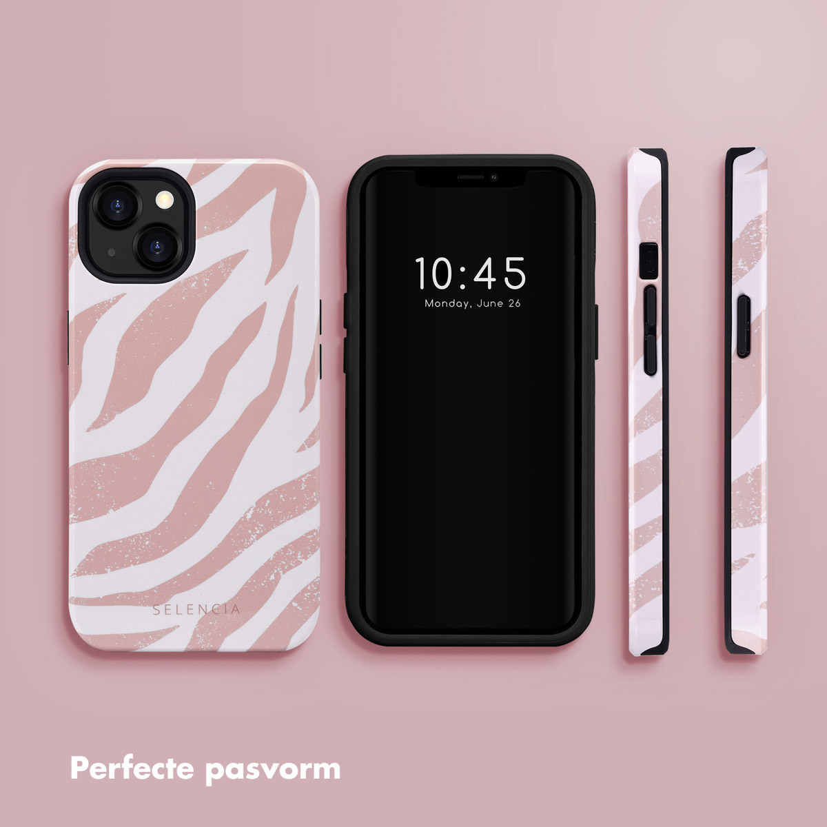 Téléphone, coques avec imprimé zébré rose et noir. L'écran du téléphone affiche l'heure. Texte : Ajustement parfait.