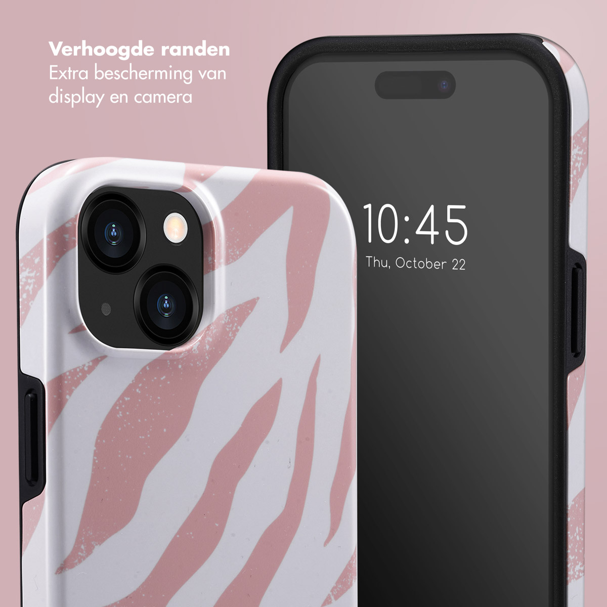 Une coque de téléphone avec un motif zébré rose et blanc, avec l'heure.