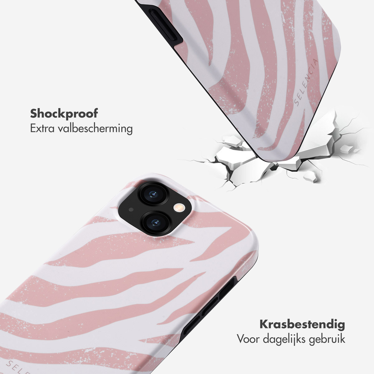 Coque avec motif zébré rose. La coque tombe et fissure le sol. Fond blanc.